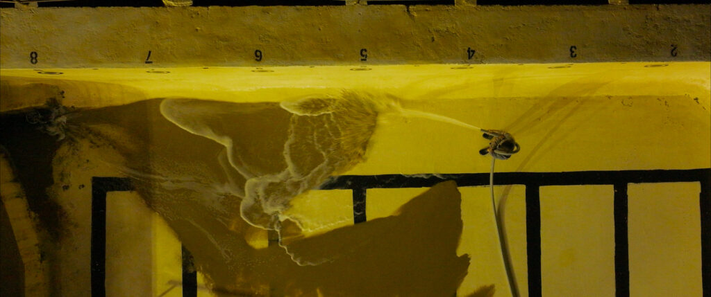 Image of a a person hosing sand out of an empty pool, graded by Angela Cerasi